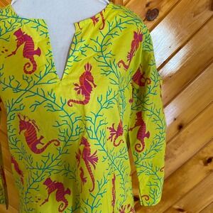 Gretchen Scott Designs NEW Seahorse Print Cotton Tunic Lime Green Pink Small